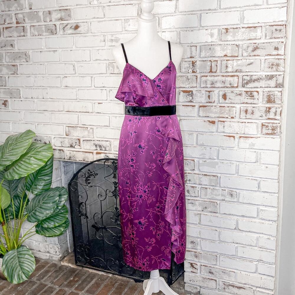 Cinq a Sept Lara Raspberry Multi Floral Silk Ruffle Purple V-neck Midi Dress